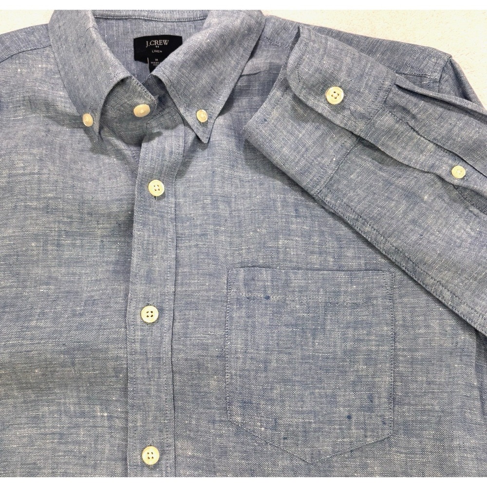 J.Crew 100% Linen Shirt Men M Blue Chambray Slim Button Down L/S Beach to Office
